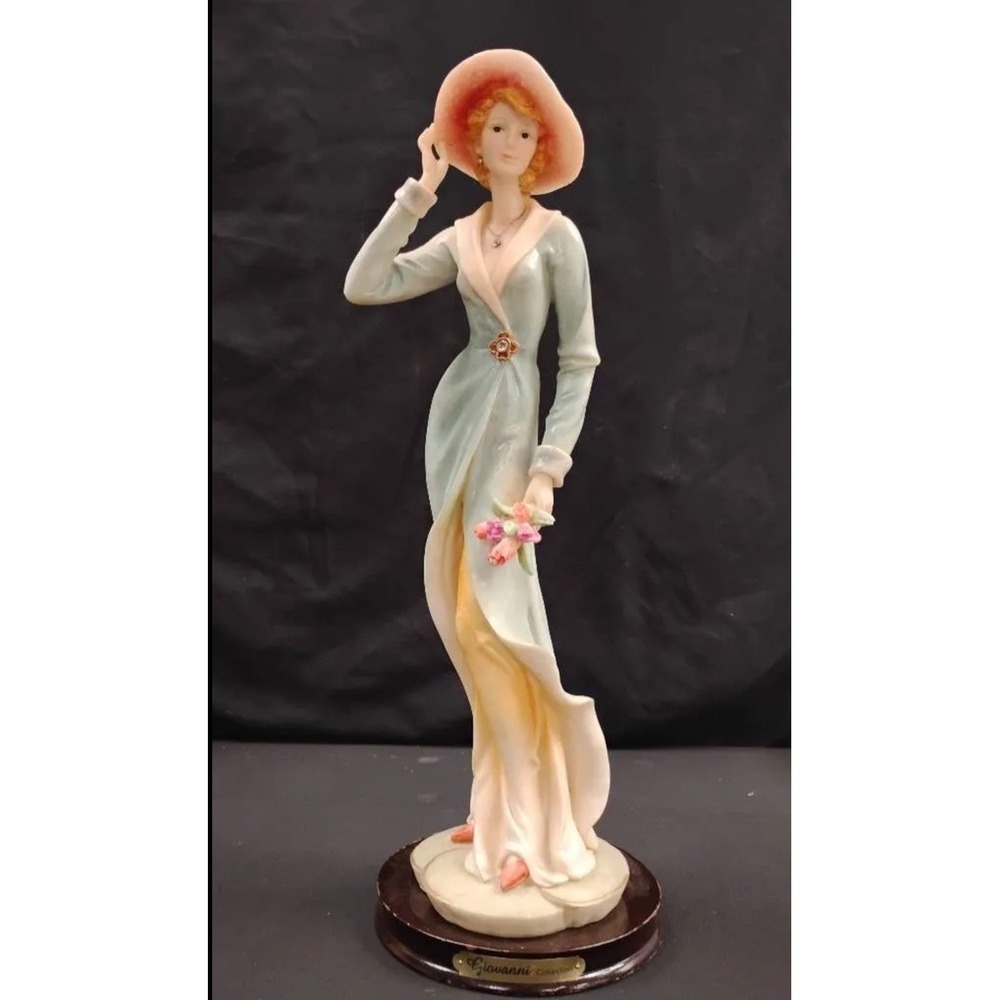 Giovanni Collection Anna Vintage 16in Resin Figurine Woman with Sun Hat Bouquet